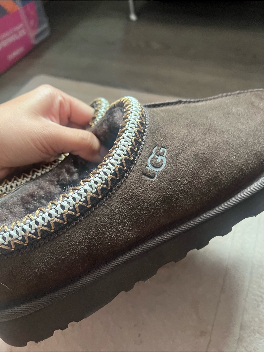 UGG women Chocolate Brown Suede Shearling-Lined Slippers